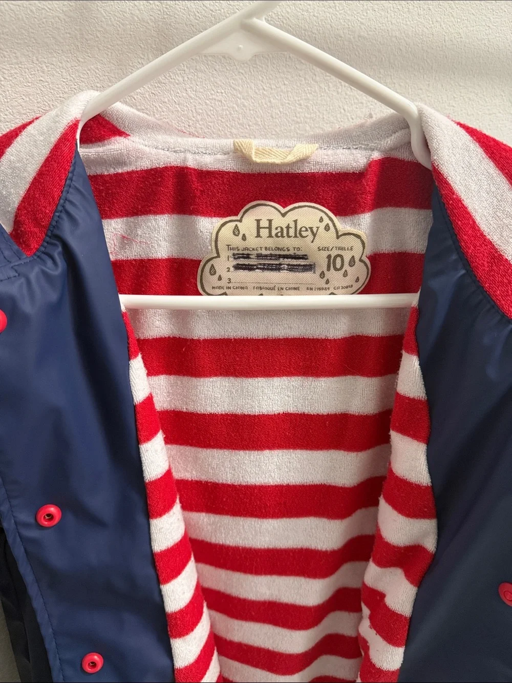 Hatley Navy Raincoat with Red & White Stripe Lining